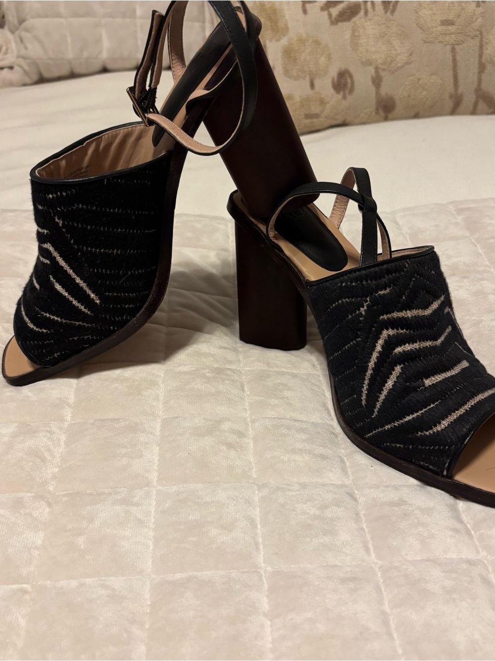 Embroidered Black and Cream Open-Toe Block Heel Sandals